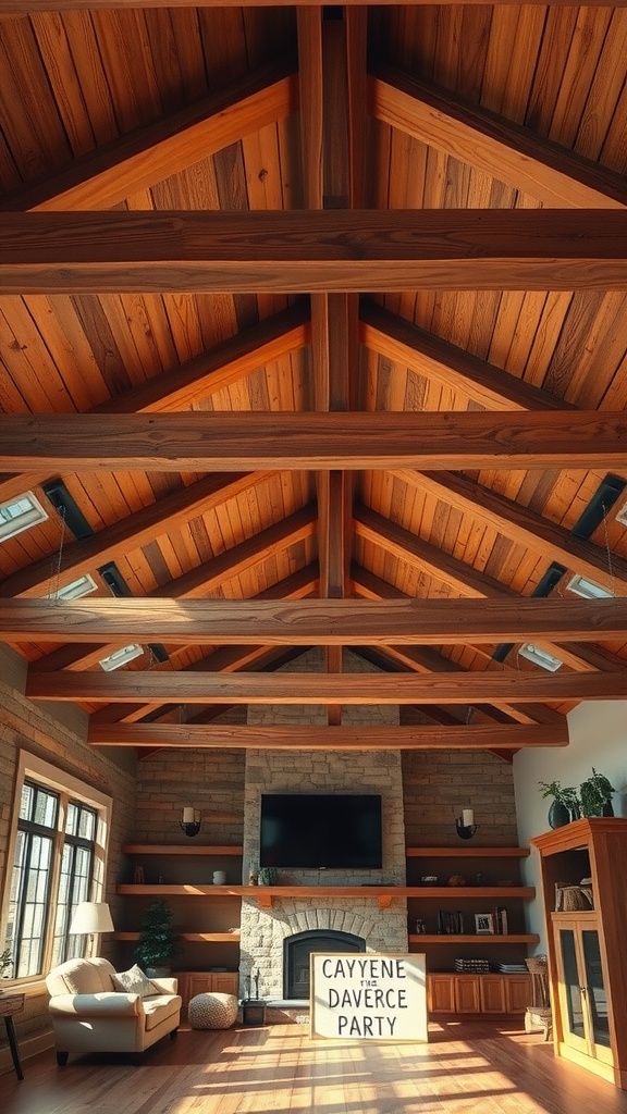 Living room with natural wood beams and integrated lighting