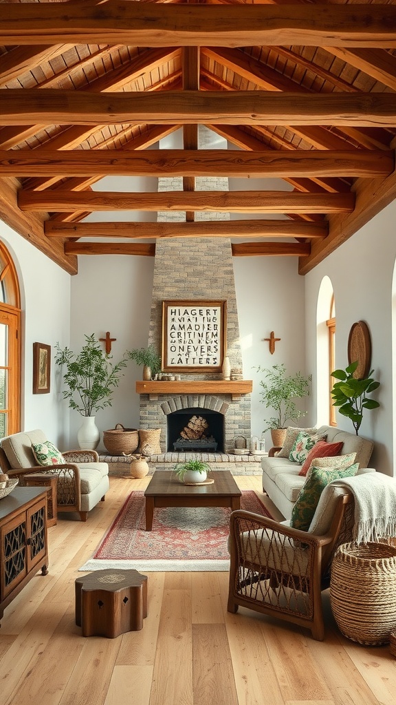 A cozy living room featuring natural wood beams, a stone fireplace, and boho-style decor