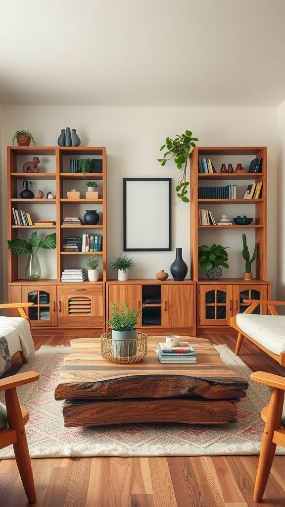 A cozy cottagecore aesthetic living room with natural wood elements, featuring wooden bookshelves, a unique coffee table, and potted plants.