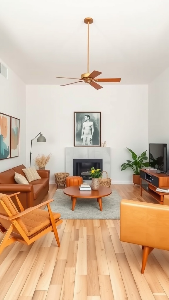 A midcentury modern living room featuring warm wood finishes and stylish furniture.