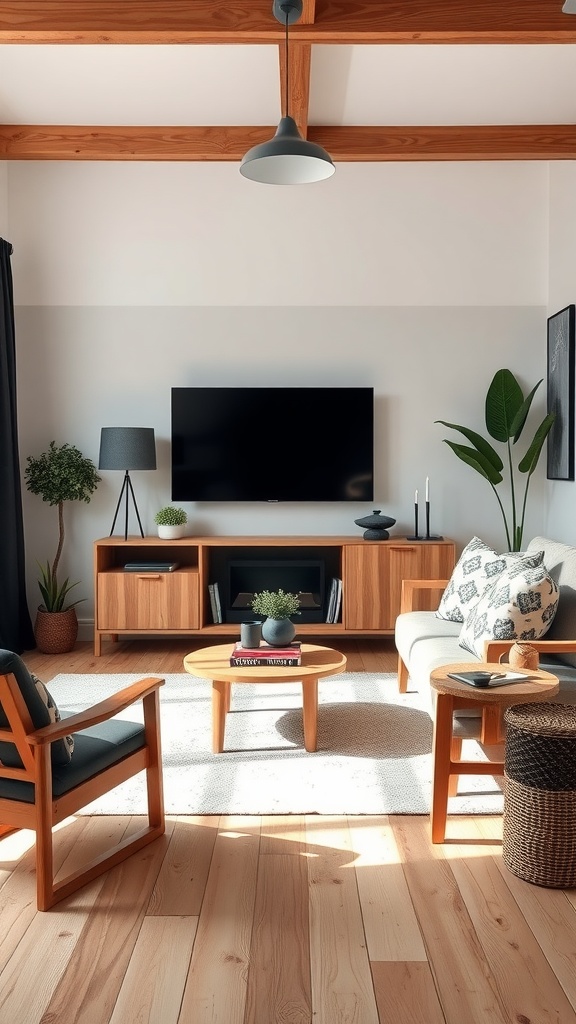 A modern living room with natural wood furnishings and black accents.