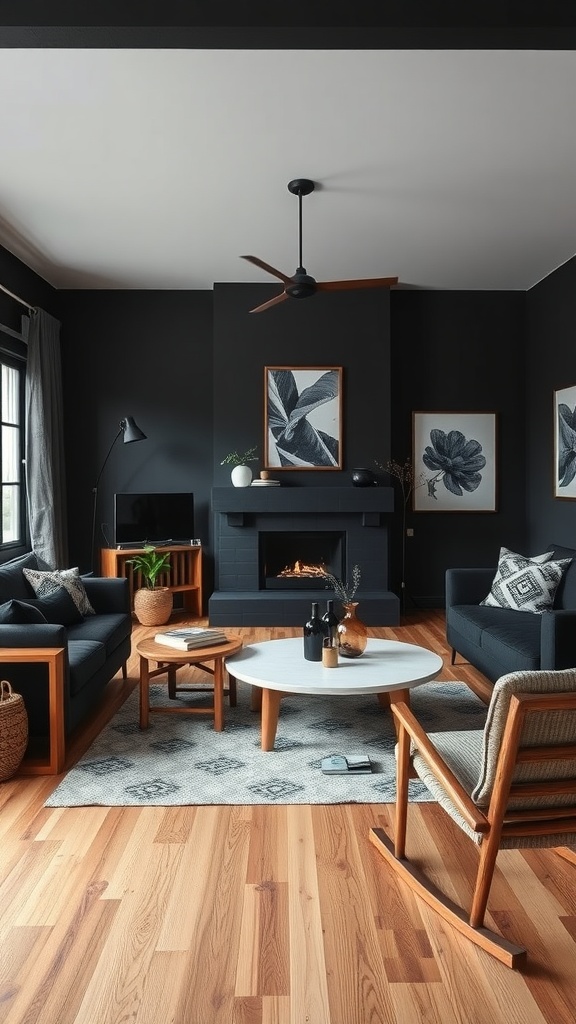 Living room featuring black walls, natural wood furniture accents, and cozy decor.