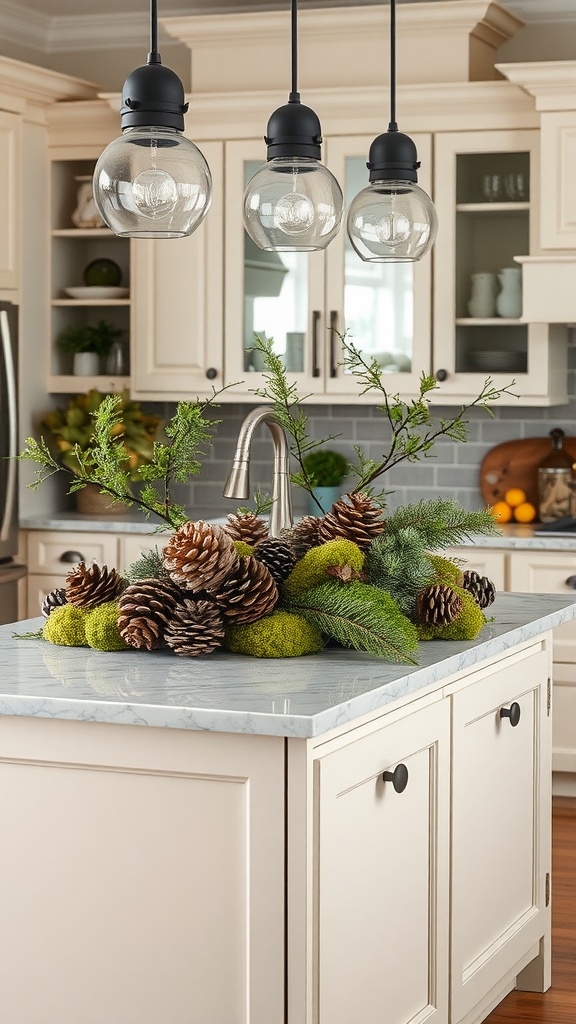 Nature-inspired kitchen island decor with pinecones, moss, and green branches.