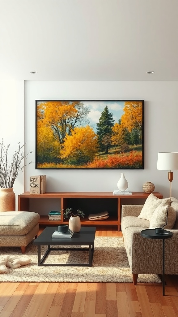 A cozy living room featuring a large landscape painting of autumn trees.