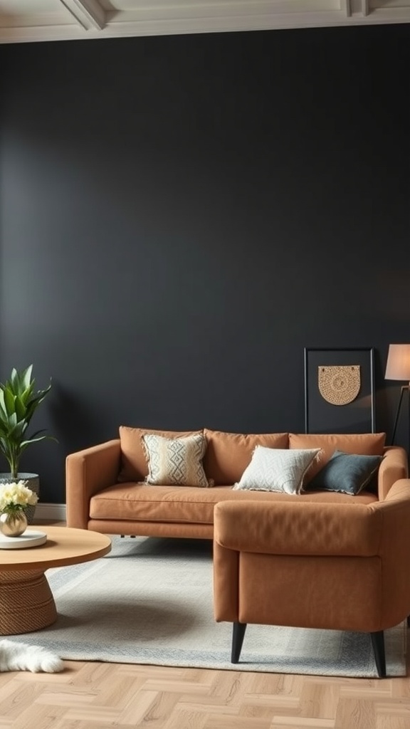 Living room with a black accent wall, brown sofa, and natural decor elements