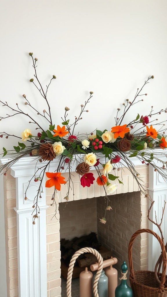 A vibrant spring garland with colorful flowers and natural branches on a white mantle.