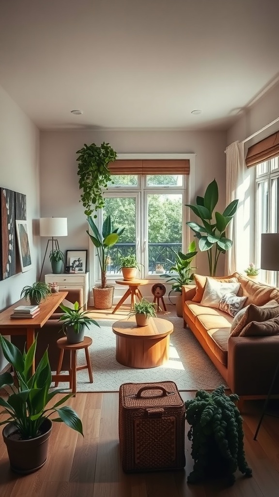 A cozy living room featuring brown tones, large windows, and a variety of indoor plants.