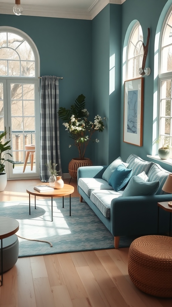 Cozy living room with teal walls, light blue sofa, natural wood furniture, and plants, reflecting a nature-inspired color palette