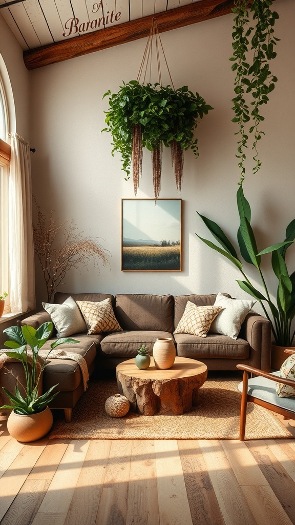 A cozy living room with a brown sofa, wooden coffee table, and various plants, featuring a nature-inspired color palette.