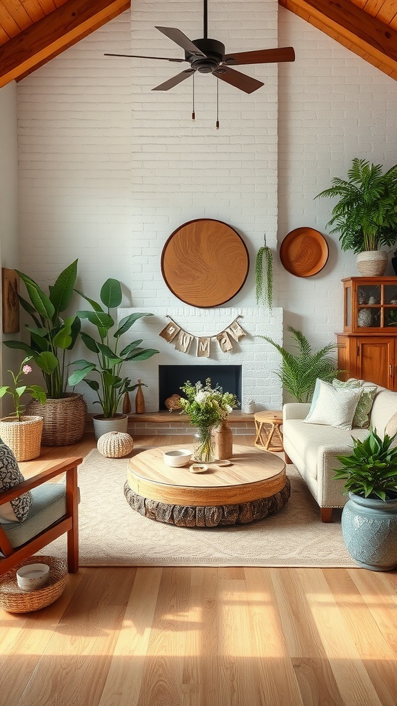 A cozy living room featuring large plants, a wooden coffee table, and natural decor elements