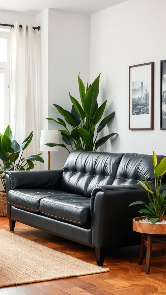 Living room featuring a black leather couch, indoor plants, and natural decor elements.