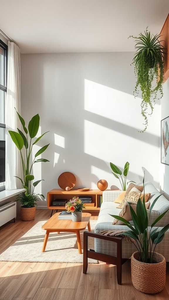 A cozy living room filled with plants, natural light, and warm wooden furniture, creating a nature-inspired decor.