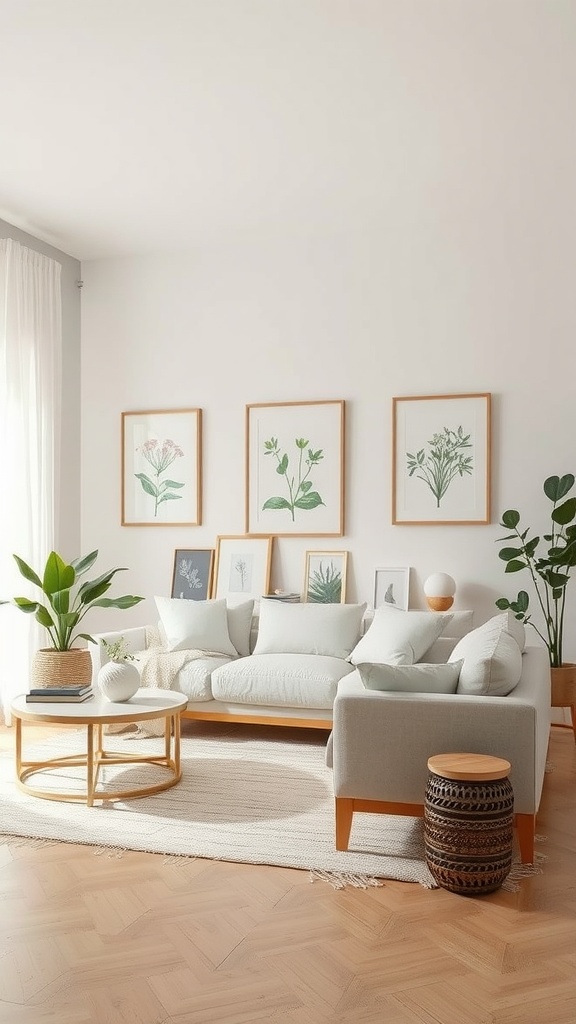 A nature-inspired off-white living room featuring plants, light furniture, and botanical prints.