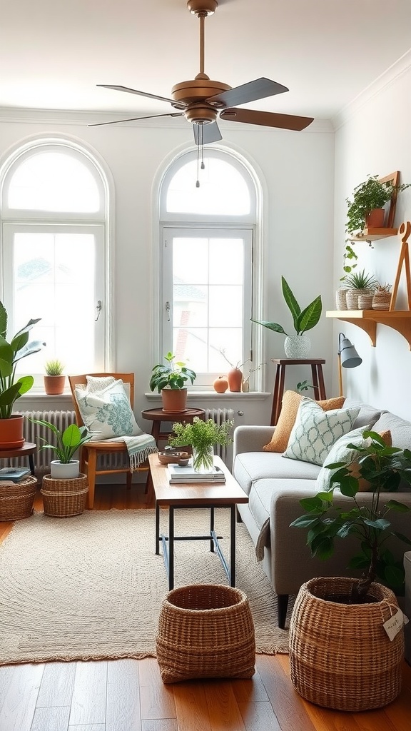 A cozy farmhouse style living room filled with plants and natural light.