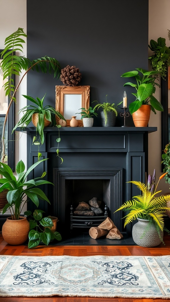 A cozy living room featuring a black fireplace surrounded by various indoor plants, creating a nature-inspired decor.