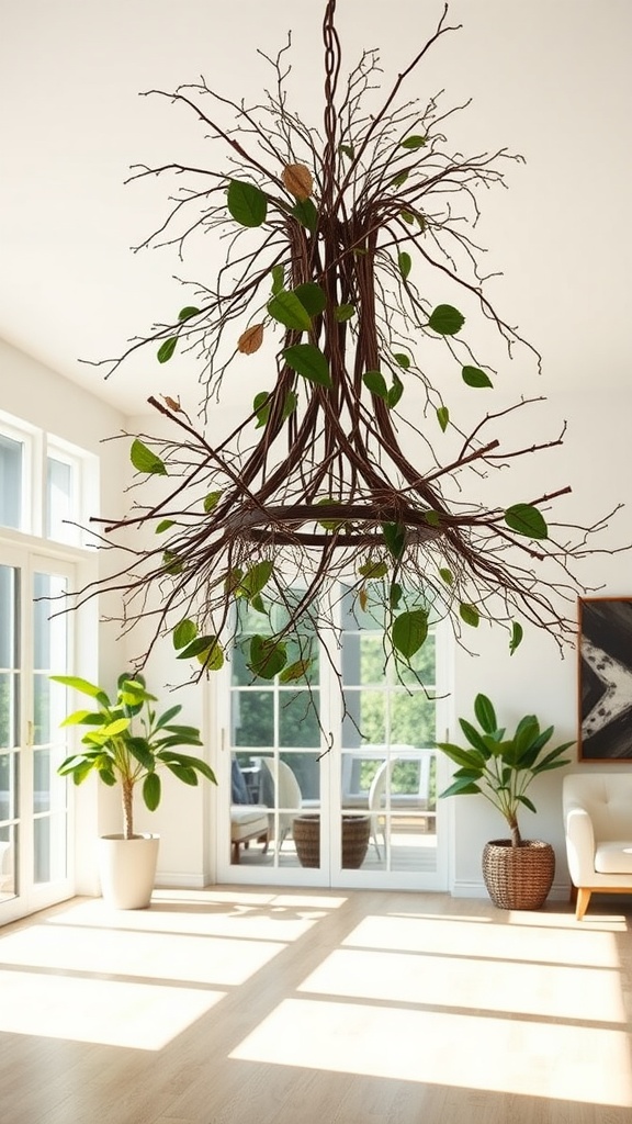 A nature-inspired chandelier made of branches and leaves hanging in a bright living room with plants.