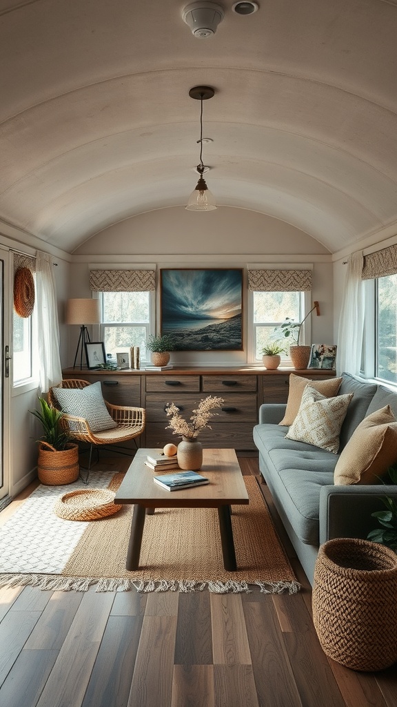 Cozy trailer house living room with nature-inspired earth tones, featuring a gray couch, wooden coffee table, and plants.