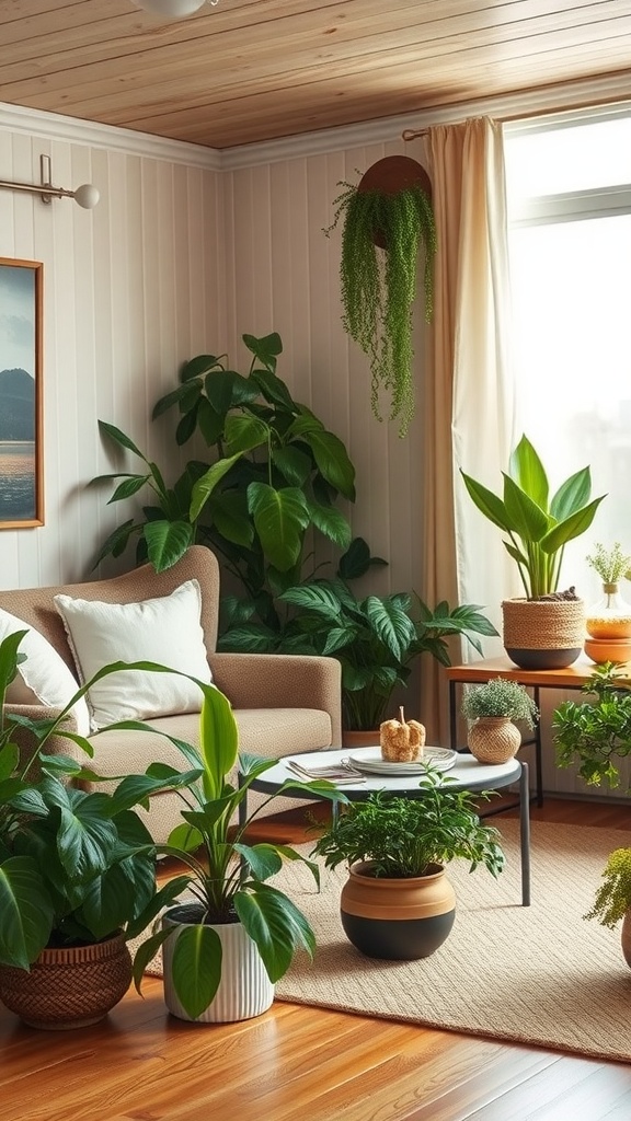 A cozy mobile home living room filled with various indoor plants, soft beige couch, and a warm wooden floor.