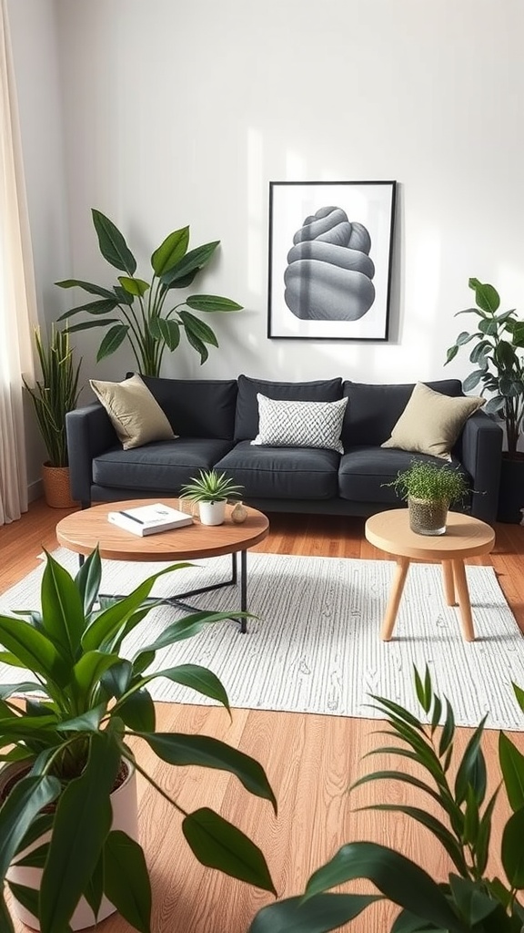 A stylish living room with a black couch, green plants, and wooden coffee tables.