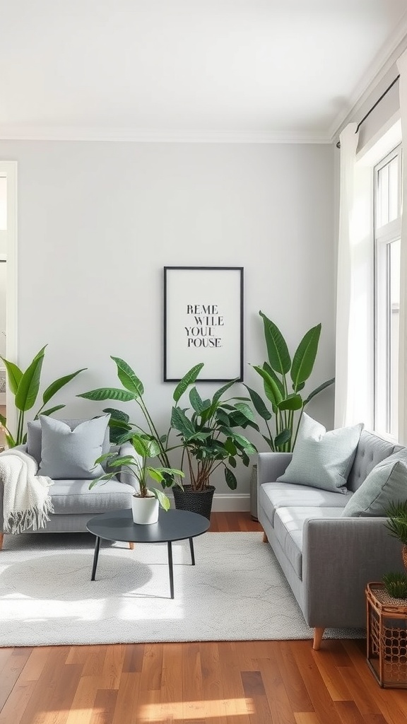 A grey and white living room with two sofas and various green plants.