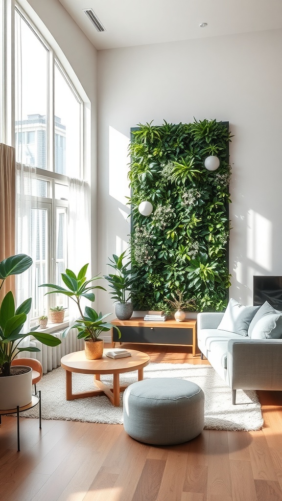 A living room featuring a vertical garden accent wall, surrounded by potted plants, a light wood coffee table, and a soft rug.