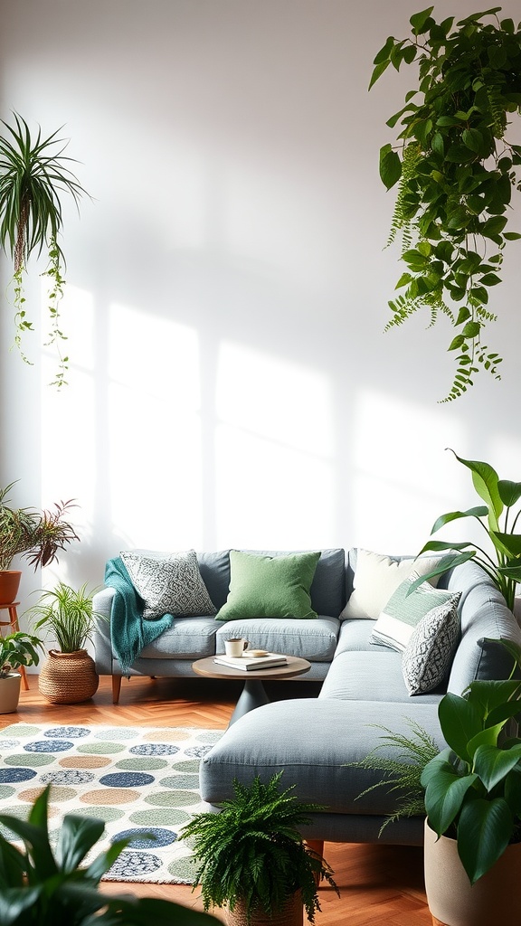 A cozy living room featuring a grey couch surrounded by plants and natural light, creating a nature-inspired atmosphere.