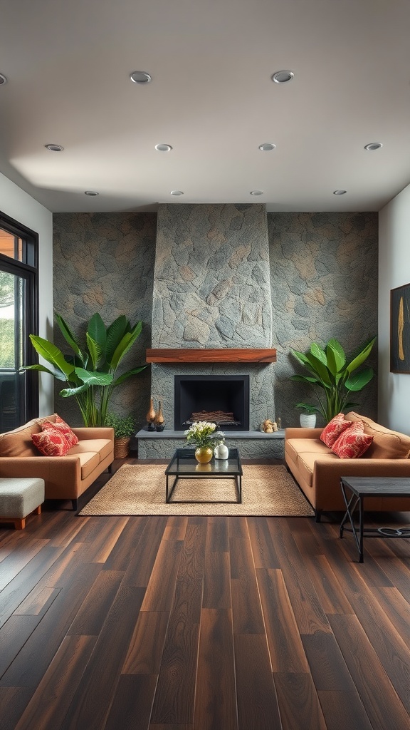 Nature-inspired living room featuring dark wood flooring, comfortable sofas, vibrant cushions, and a stone fireplace.