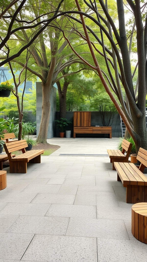 An outdoor lounge area with wooden benches surrounded by lush greenery