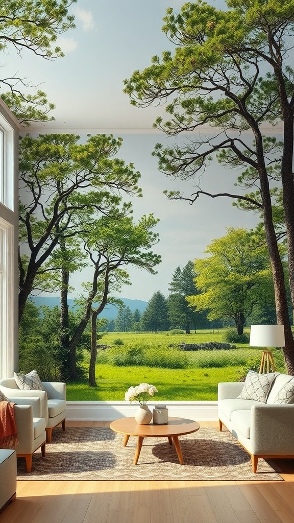 A living room with a nature-inspired mural featuring tall trees and a green landscape.