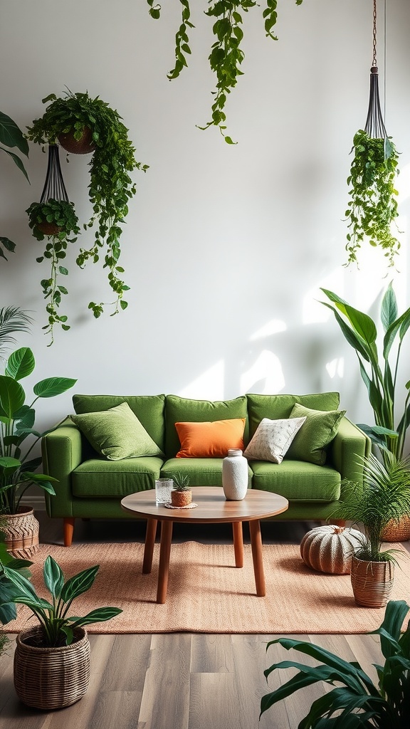 A bright living room featuring a green sofa with colorful cushions, surrounded by various indoor plants and a wooden coffee table.