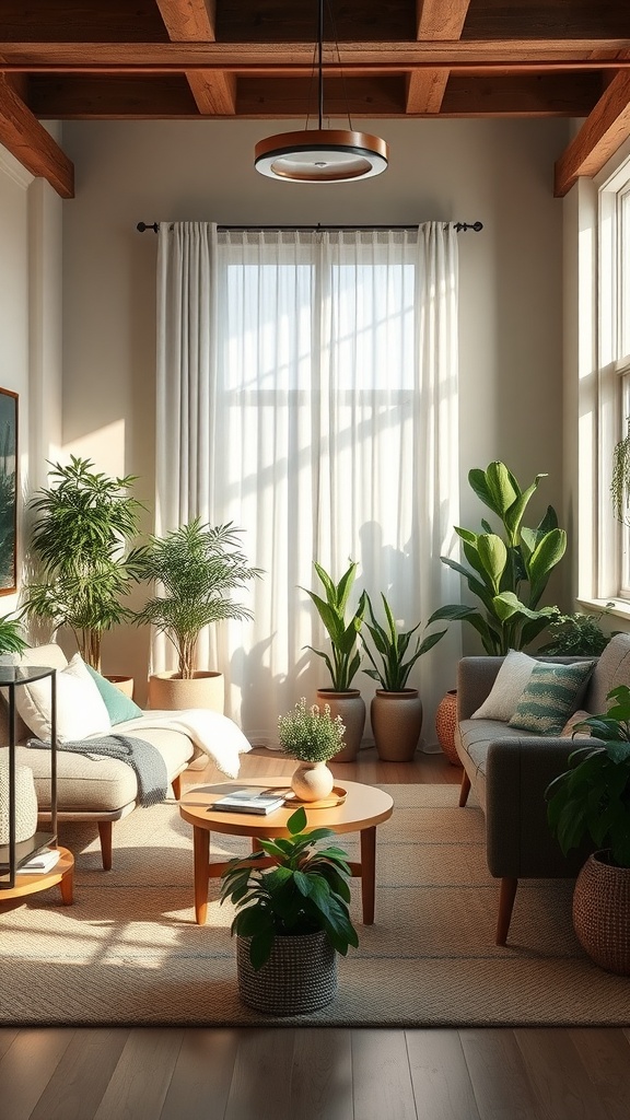 A cozy living room with plants, natural light, and warm decor