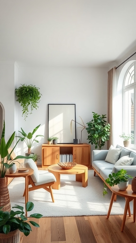 A bright living room with wood furniture and plenty of indoor plants, creating a nature-inspired retreat.