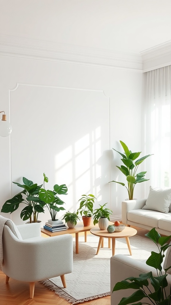 A serene living room with a white accent wall, featuring cozy seating and various houseplants.