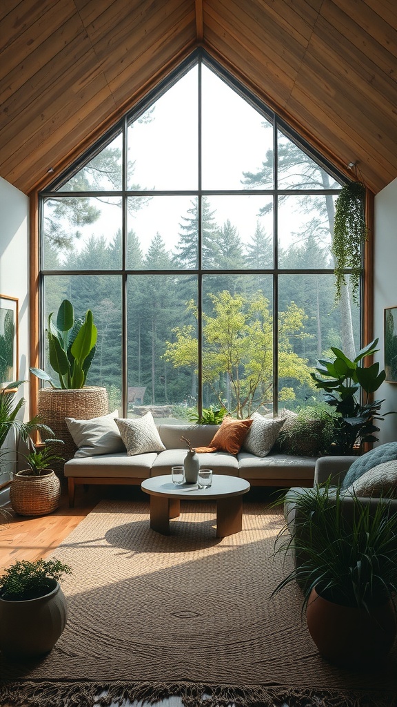 A cozy sunken living room with large windows showcasing green trees outside, featuring comfortable seating and indoor plants.