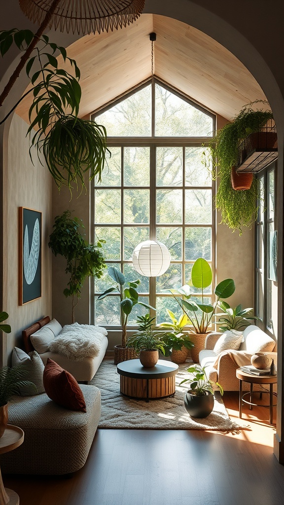 A cozy sunken living room with large windows, various indoor plants, comfortable furniture, and a warm atmosphere.