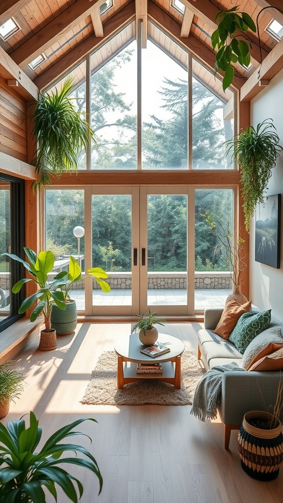 A cozy sunken living room filled with plants and natural light, featuring wooden beams and a view of greenery.