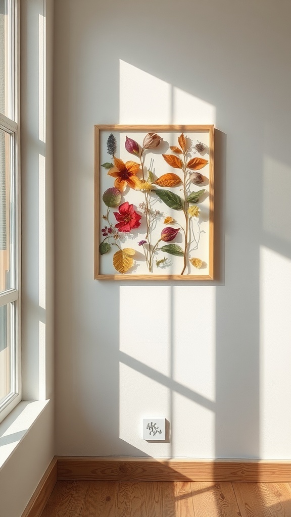 Nature-inspired wall art featuring pressed flowers and leaves in a wooden frame