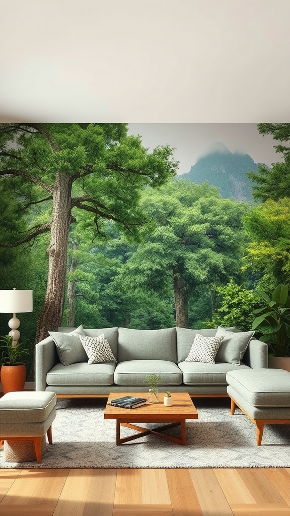 A living room featuring a nature-inspired wall mural of a lush forest with a comfortable sofa and coffee table.