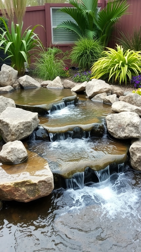 A serene backyard water feature with smooth stones and lush greenery