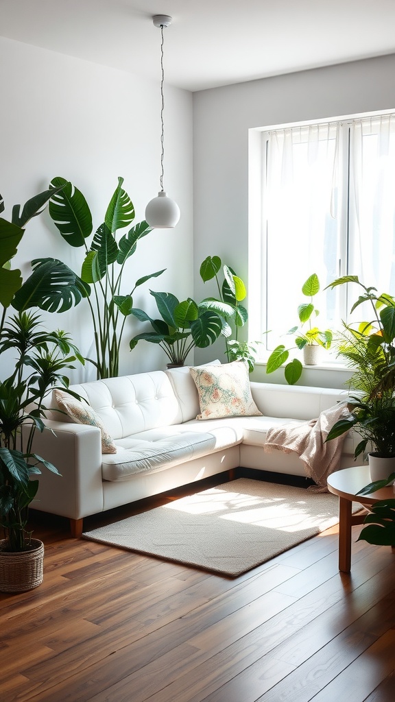 A bright living room featuring a white leather sofa surrounded by lush green plants, with natural light streaming in from a window.