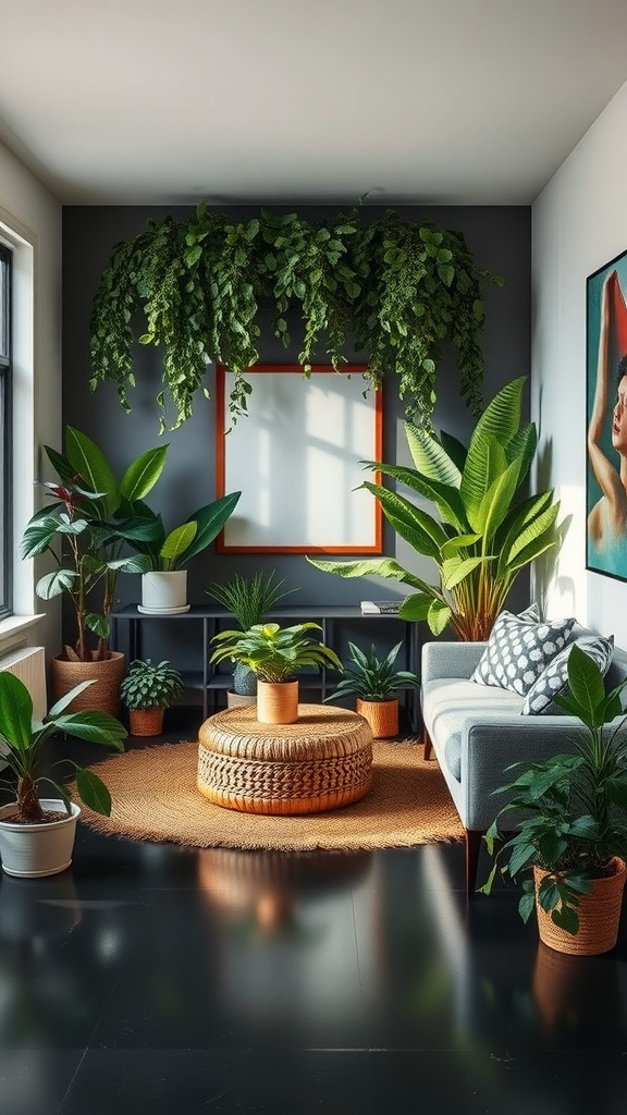 A modern living room featuring a gray sofa, a woven ottoman, and various indoor plants on a black floor