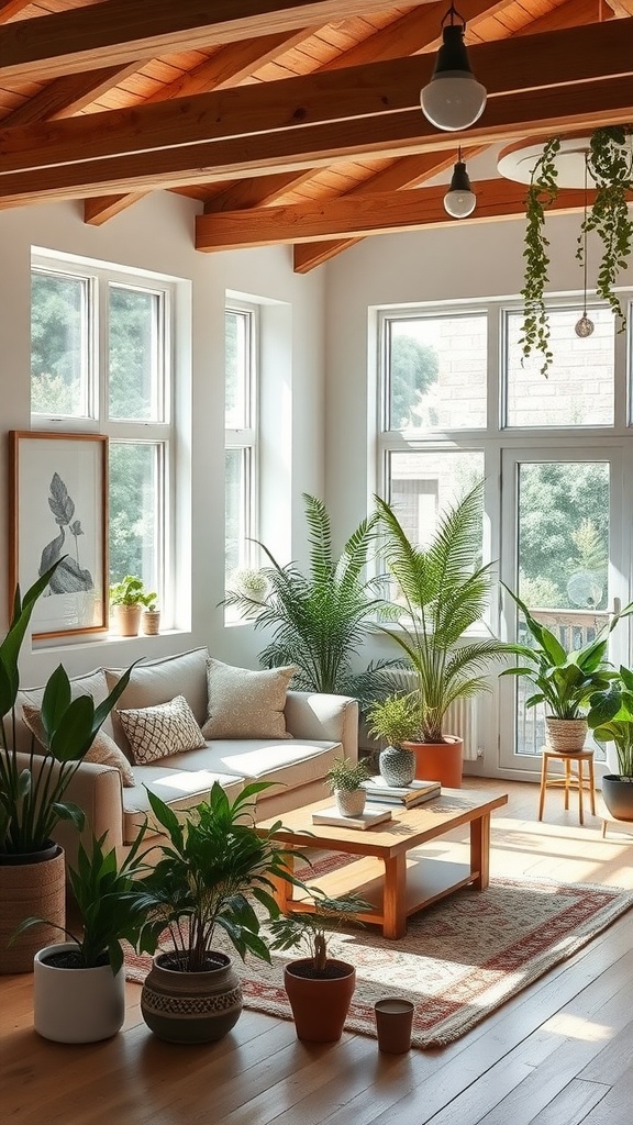 A cozy living room featuring various indoor plants, a comfortable sofa, and large windows with natural light.