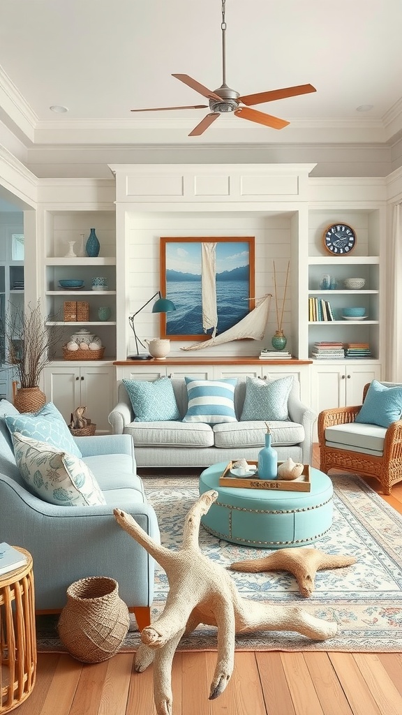 A cozy living room with nautical-inspired decor featuring blue and green hues, light furniture, and ocean-themed accents.