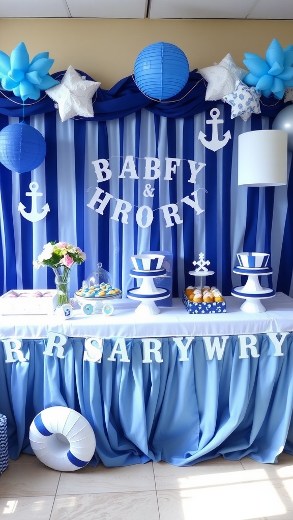 Decorative setup for a nautical-themed baby shower with blue and white colors, anchors, and sweet treats.