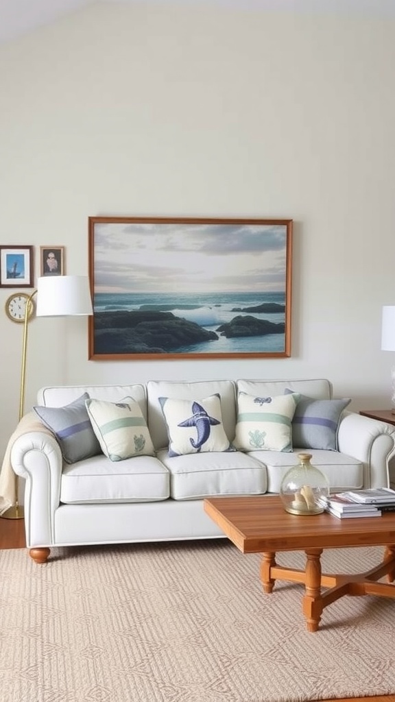 A light-colored nautical-themed living room with a white sofa and decorative pillows featuring sea motifs.