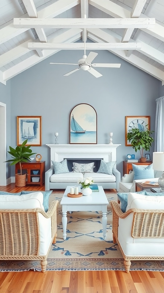 A coastal living room with light blue walls, white furniture, and nautical decor.