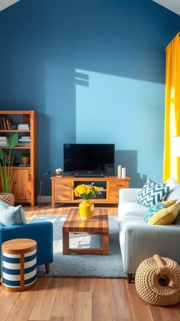 A bright and cheerful living room featuring blue and yellow decor, with a blue wall, yellow curtains, and wooden furniture.