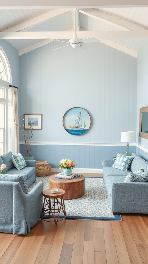 A cozy living room with light blue walls, gray sofas, and nautical-themed decor.