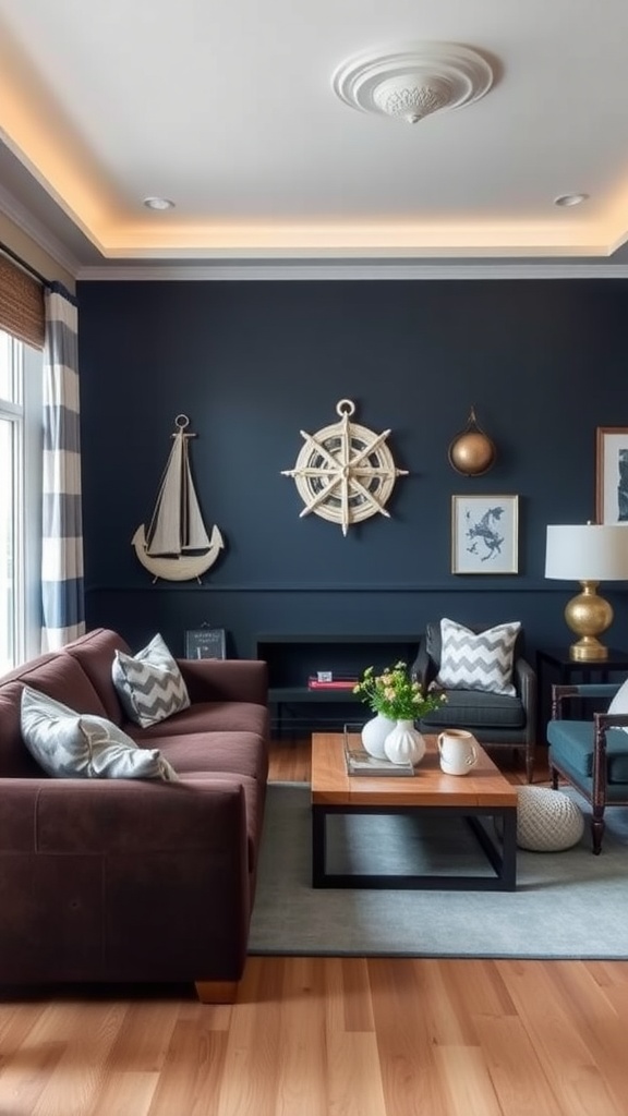 A living room with a dark brown sofa, nautical decorations, and a navy blue wall.