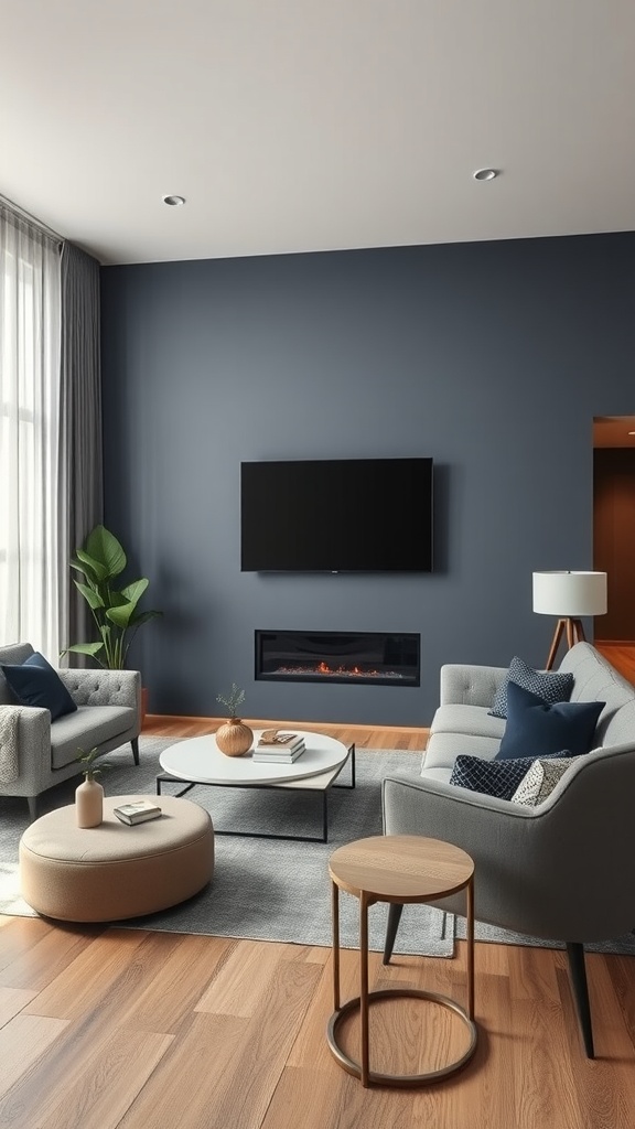 A stylish living room featuring navy accents with grey and beige furniture, a modern coffee table, and a cozy atmosphere.